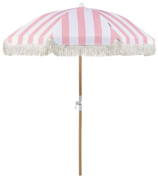 Beliani 'MONDELLO' Sonnenschirm mit Volant und Schutzhülle, ohne Fuß, Buchenholz / Polyester rosa, Ø 150 x H 210 cm