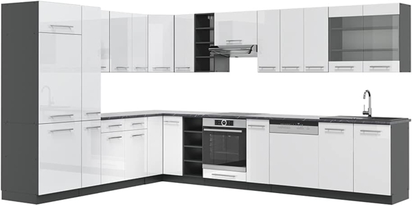 Vicco Eckküche Weiß Hochglanz/Anthrazit 347 x 257 cm ohne Arbeitsplatte, Fame-Line