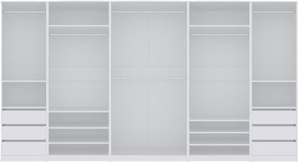 Marmex Möbel TRES SET S(B) offener Mehrzweckschrank-Set für Kleidung, Schuhe, Kleiderschrank mit Einlegeböden, Kleiderstangen und Schubladen, laminierte Spanplatte, weiß, 380x206x51 cm