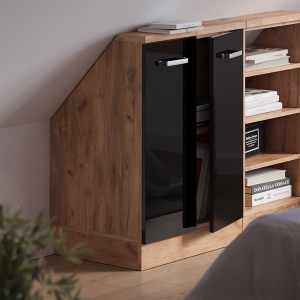 Dachschrägenschrank Rion Schwarz Hochglanz/Goldkraft Eiche mit 2 Türen Vicco Bild 2