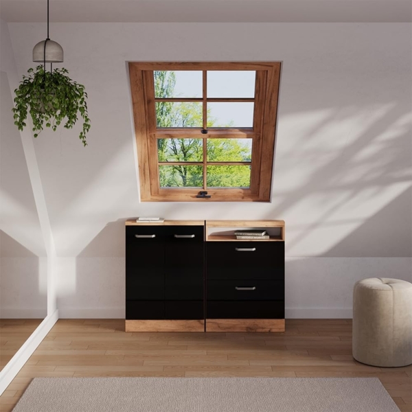 Dachschrägenschrank Rion Schwarz Hochglanz/Goldkraft Eiche mit 2 Türen Vicco Bild 8