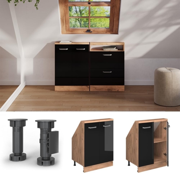 Dachschrägenschrank Rion Schwarz Hochglanz/Goldkraft Eiche mit 2 Türen Vicco Bild 6