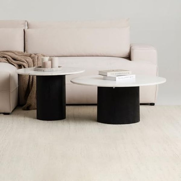 IDIMEX Couchtisch GANGA/YAMUNA, Wohnzimmertisch 80 cm mit Marmorplatte aus Akazienholz Weiß/Schwarz