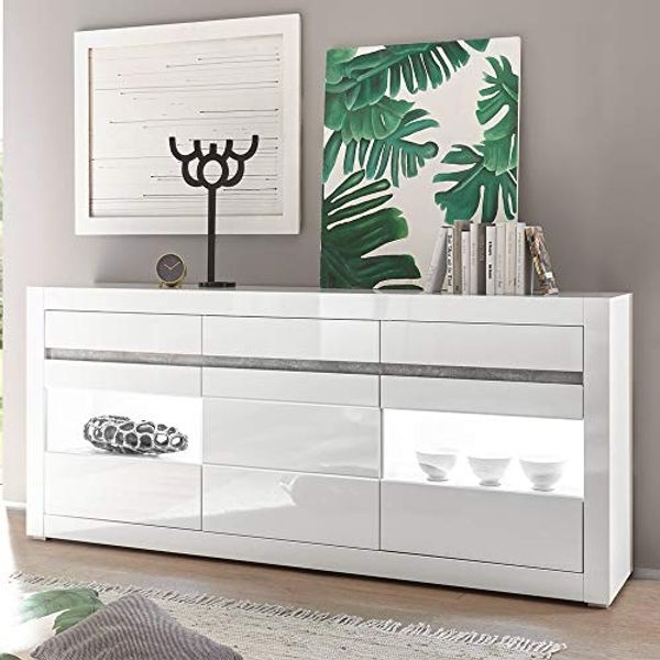 Sideboard in weiß Hochglanz COGO-61 inkl. LED und mit Griffmulden in Betonoptik BxHxT: 217 x 90 x 42 cm