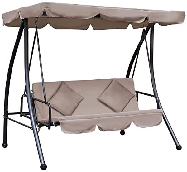Outsunny Hollywoodschaukel mit Liegefunktion, verstellbar Sonnendach, Kissen, 3-Sitzer, Liegefunktion, 3-Sitzer Gartenschaukel, 1 tlg, 2 in 1 Schaukelbank, belast bis 340kg, für Garten Terrasse 200x 125 x 170 cm Beige
