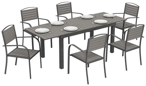 Outsunny Garten-Essgruppe Ausziehbar Tisch mit 6 Stühlen, Holzoptik, Lamellendesign, Aluminium, (Sitzgruppe, 7-tlg, Gartenmöbel Set), für Garten Balkon Terrasse Grau
