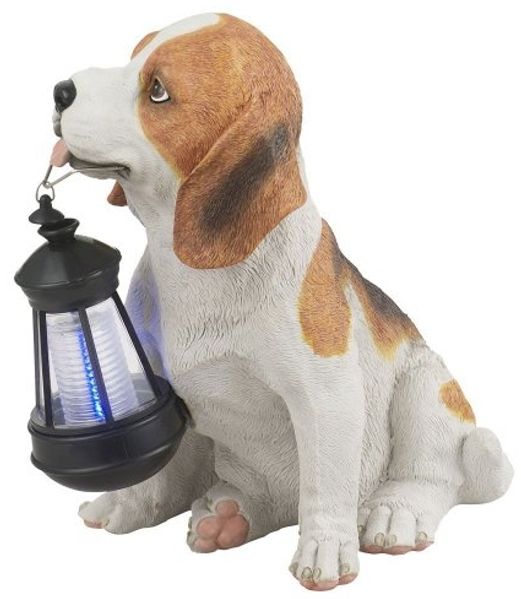 LED Deko Solarleuchte Hundelampe Beagle mit Laterne in Braun-Weiß, Höhe 26cm