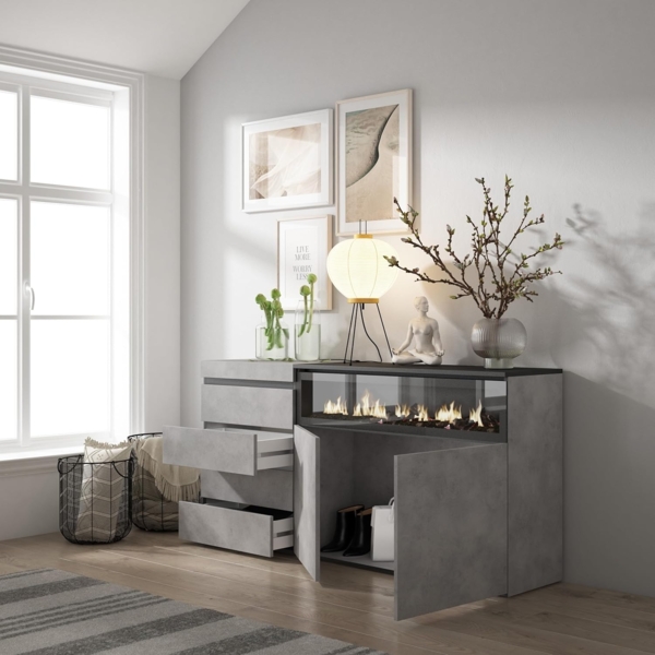Skraut Home | Kommode mit Schubladen | Aufbewahrungsschrank | 157 x 75 x 35 cm | Für Schlafzimmer, Zimmer | Elektrokamin. | Moderner Stil | Zement Bild 4