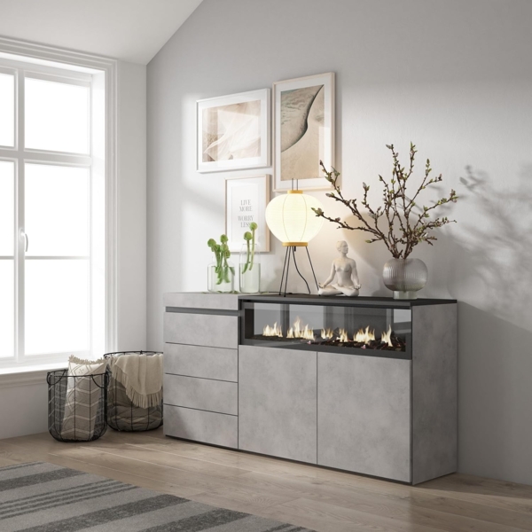 Skraut Home | Kommode mit Schubladen | Aufbewahrungsschrank | 157 x 75 x 35 cm | Für Schlafzimmer, Zimmer | Elektrokamin. | Moderner Stil | Zement Bild 2