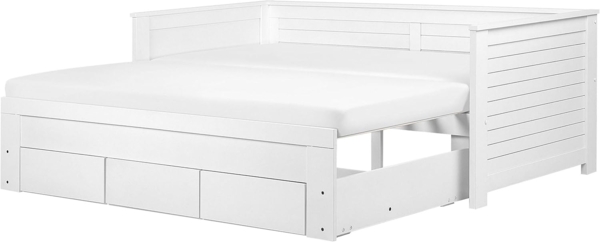Tagesbett ausziehbar mit Lattenrost und 3 Schubladen, Holz, weiß, 90x200 cm