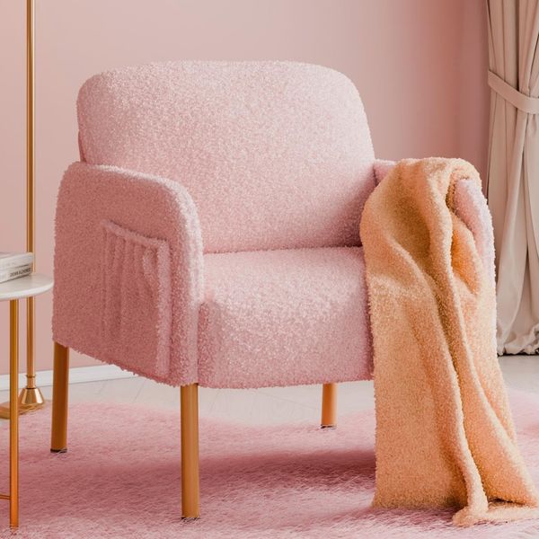 Mondeer Sessel, Einzel Loungesofa mit Seitentasche mit Metallbeinen Gemütlicher Kunstlammfell Stoff Modern, für Wohnzimmer Schlafzimmer Arbeitszimmer, 63 x 75 x 75 cm, Rosa