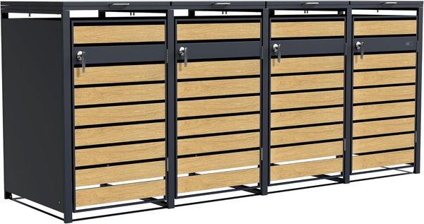 AXI Lucas Mülltonnenbox in Metall Anthrazit / Holzoptik Mülltonnenverkleidung mit Deckel für 4 Tonnen - 240 - 960L | Grau | Metall | 264 cm