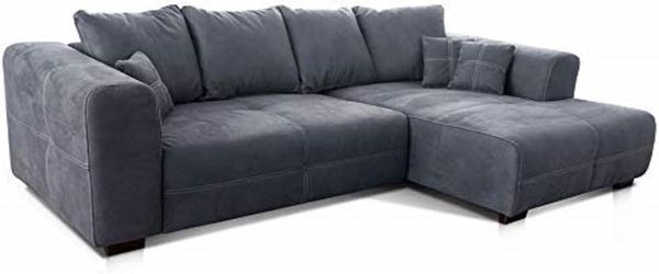 Cavadore Ecksofa Mavericco / XXL Eckcouch Inkl. Rückenkissen und Zierkissen / Longchair rechts / Industrial Style / 285 x 69 x 170 (BxHxT) / Mikrofaser Grau