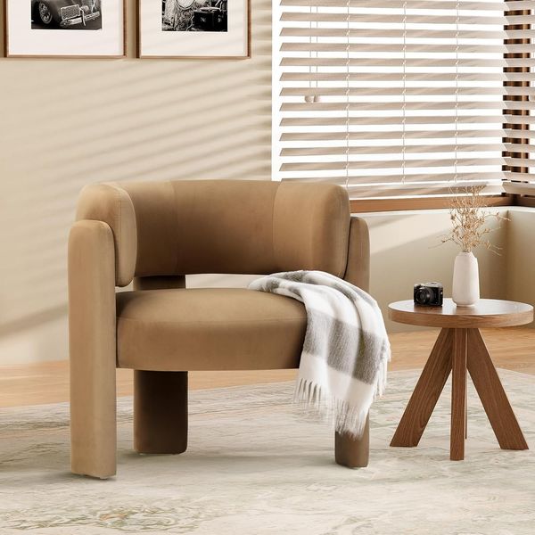 COLAMY Modern Velvet Ohrensessel, Gepolsterter Sessel Wohnzimmer, Bequemer Runder loungesessel mit 3 Beinen für Wohnzimmer, Schlafzimmer, Leseecke, Khaki