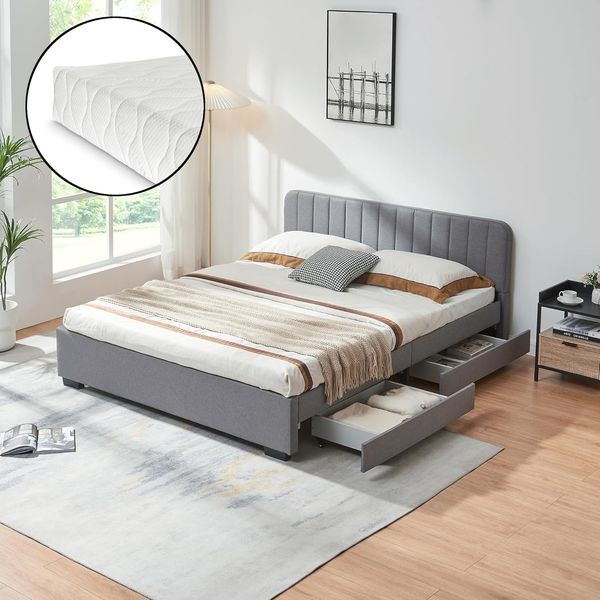 Polsterbett Nofrenna mit Matratze 140x200 cm Leinen Grau [en. casa]