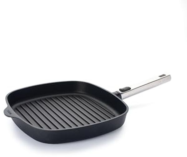 WOLL Steakpfanne Diamond Logic XR Pro c‑Steakpfanne, abnehmbarer Edelstahlgriff, 28 x 4,5 x 28 cm, Aluminium‑Guss mit Edelstahl, alle Herdarten inkl. Induktion, schnitt- & abriebfest, extra Grillrillen