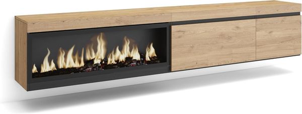 Skraut Home | TV-Schrank, Lowboard | für Wohnzimmer und Esszimmer | 237 x 45 x 35 cm | Für großformatiges TV | Elektrokamin XXL | Hängend | Moderner Stil | Eiche