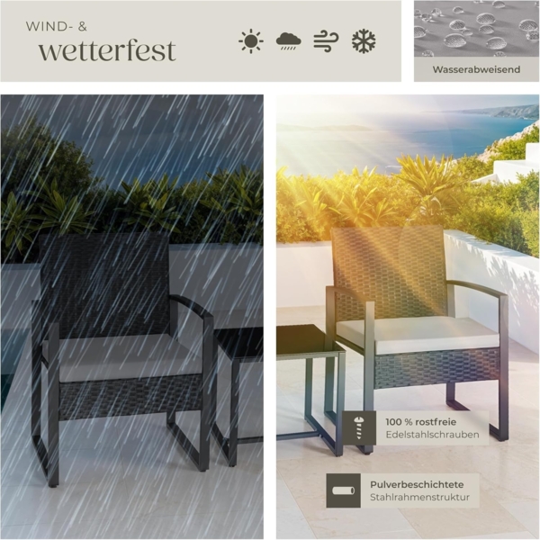 tectake® Rattan Sitzgruppe 2X Sessel mit Tisch, Balkon Möbel Set, Gartenmöbel, Balkonmöbel, Lounge klein, Stühle mit Polster inkl. Gartentisch Outdoor, wetterfest Bild 7