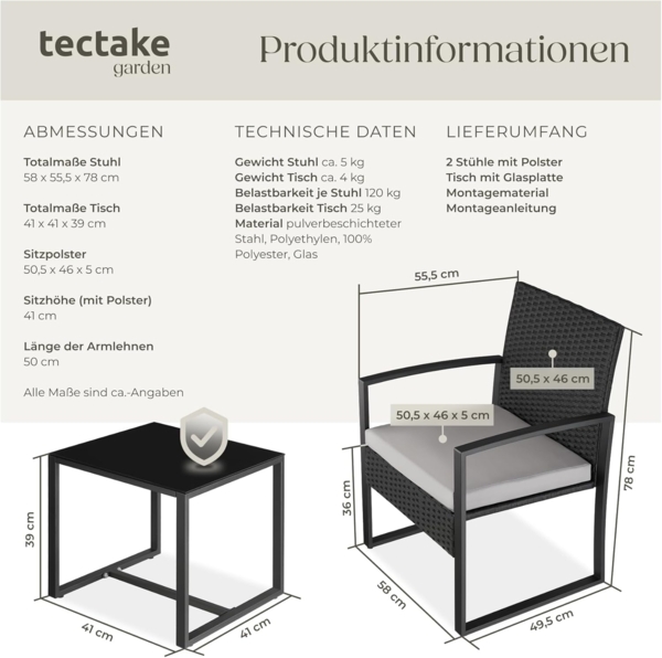 tectake® Rattan Sitzgruppe 2X Sessel mit Tisch, Balkon Möbel Set, Gartenmöbel, Balkonmöbel, Lounge klein, Stühle mit Polster inkl. Gartentisch Outdoor, wetterfest Bild 6