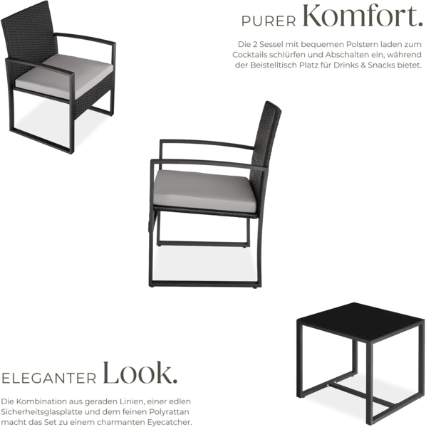 tectake® Rattan Sitzgruppe 2X Sessel mit Tisch, Balkon Möbel Set, Gartenmöbel, Balkonmöbel, Lounge klein, Stühle mit Polster inkl. Gartentisch Outdoor, wetterfest Bild 4