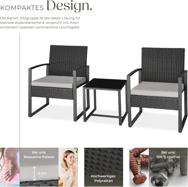 tectake® Rattan Sitzgruppe 2X Sessel mit Tisch, Balkon Möbel Set, Gartenmöbel, Balkonmöbel, Lounge klein, Stühle mit Polster inkl. Gartentisch Outdoor, wetterfest Bild 3