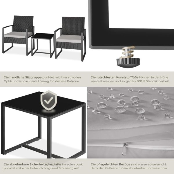 tectake® Rattan Sitzgruppe 2X Sessel mit Tisch, Balkon Möbel Set, Gartenmöbel, Balkonmöbel, Lounge klein, Stühle mit Polster inkl. Gartentisch Outdoor, wetterfest Bild 5