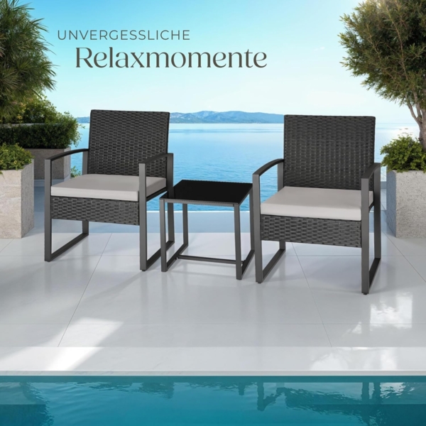 tectake® Rattan Sitzgruppe 2X Sessel mit Tisch, Balkon Möbel Set, Gartenmöbel, Balkonmöbel, Lounge klein, Stühle mit Polster inkl. Gartentisch Outdoor, wetterfest Bild 8