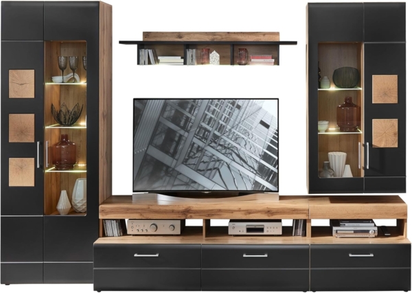 Wohnwand SONATE schwarz supermatt Hirnholz inkl. LED