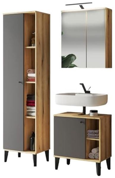 Badmöbel Set 3-teilig Torsby in grau und Eiche 120 cm
