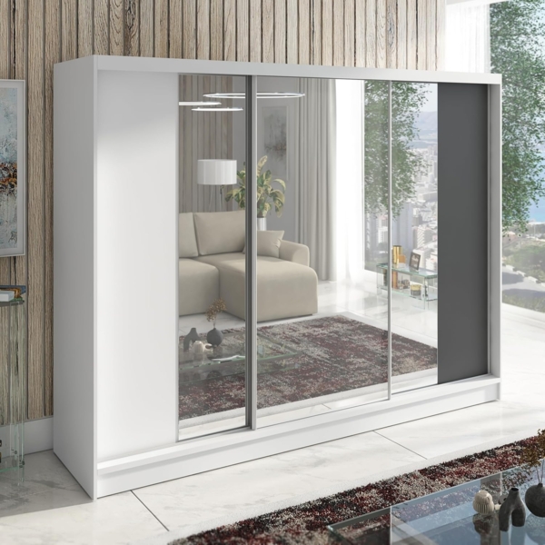 Schwebetürenschrank VENA 3-türig Schrank 200 cm (mit Spiegel) Farbe: Weiß , Graphit