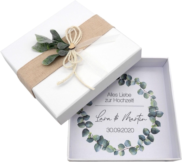 ZauberDeko Geschenkbox Geldgeschenk Verpacken MIT NAME Geschenk Hochzeit Herz Weiß Eukalyptus