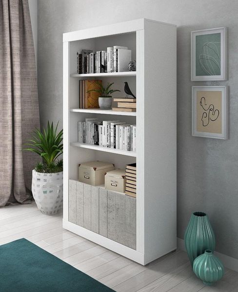 Dmora Hohes Bücherregal mit 4 Regalen und 2 Türen, Regal für Bücher und Dokumente, Büroregal, 105x42h191 cm, Weiß und Zementfarbe