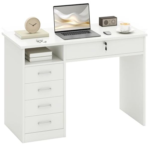 HOMCOM Computertisch Schreibtisch mit 5 Schubladen und Regal Bürotisch mit Schloss großer Arbeitsfläche Weiß 110 x 50 x 76 cm