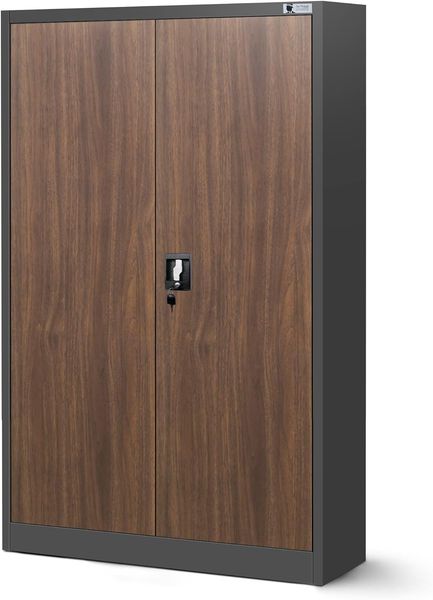 Aktenschrank C001K Metallschrank Büroschrank Werkzeugschrank 3 Fachböden Stahlblech Flügeltüren Pulverbeschichtung 140 x 90 x 40 cm (Anthrazit/Holzoptik)