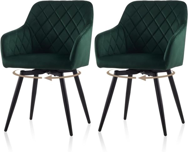 TUKAILAI Esszimmerstühle Drehbar 2er-Set Samt, Drehstuhl Esszimmer mit Armlehnen Rückenlehne Metallbeine,Küchenstuhl Polsterstuhl Armlehnenstuhl für Wohnzimmer Küche Schlafzimmer, Grün