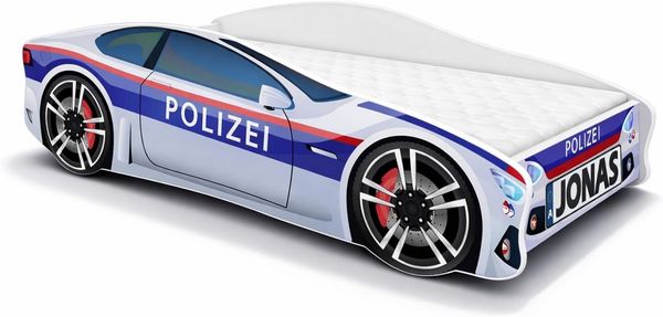 ACMA Kinderbett Auto-Bett Polizei mit Rausfallschutz, Lattenrost und Matratze (Polizei 3, 160x80 cm + Name)