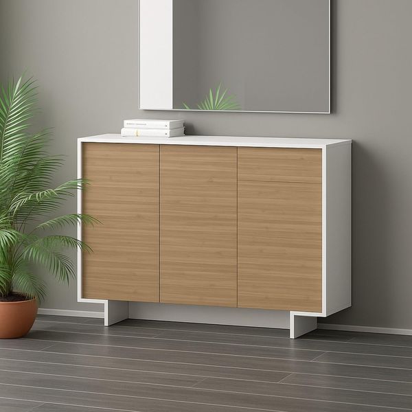 Dmora - Sideboard Aneto, Wohnzimmer-Sideboard, Wohnzimmer-Buffet mit 3 Türen und 1 Schublade, 100% Made in Italy, 134 x 35 x 87 cm, Weiß und Eiche