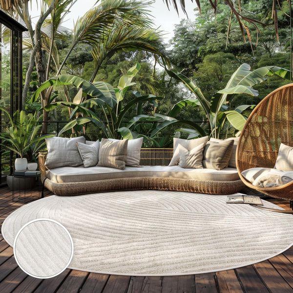 Paco Home Teppich In- & Outdoor, Moderne abstrakte Boho Designs mit 3D Struktur, robust & wetterfest, ideal für Terrasse Wohnzimmer & Küche, Grösse:120 cm Rund, Farbe:Creme 5