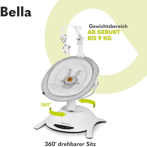 LIONELO Bella Elektrische Babywippe 360o für Babys bis 9 kg, verstellbare Rückenlehne, 5 Schaukelgeschwindigkeiten Sicherheitsgurt Erkennung von Bewegungen Anti-Rutsch Bild 2