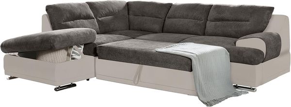 Mivano Schlafsofa Coast / Großes Ecksofa mit Schlaffunktion, Stauraum und Ottomane links / 264 x 88 x 217 / Materialmix: Braun/Beige
