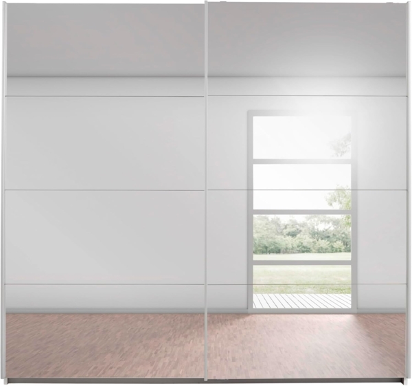 Rauch Möbel Caracas Schrank Schwebetürenschrank Weiß mit Spiegelfront 2-türig inkl. Zubehörpaket Premium 6 Einlegeböden, 2 Kleiderstangen, 1 Hakenleiste, Türdämpfer-Set, BxHxT 226 x 210 x 62 cm Bild 4