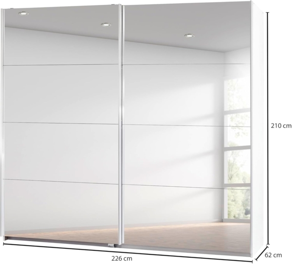 Rauch Möbel Caracas Schrank Schwebetürenschrank Weiß mit Spiegelfront 2-türig inkl. Zubehörpaket Premium 6 Einlegeböden, 2 Kleiderstangen, 1 Hakenleiste, Türdämpfer-Set, BxHxT 226 x 210 x 62 cm Bild 5