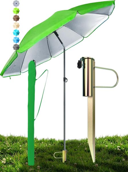 Menz Sonnenschirm Strand Ø 180 cm in Grün, 3er Set – Strandschirm windfest stabil + Schirmhülle + Rasendorn Sonnenschirmhalter, UPF 50+ Sonnenschirm mit Rasendorn für Garten, Schirmspieß