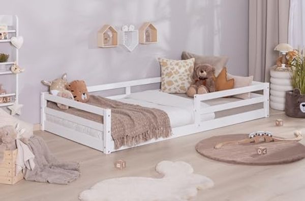 Ticaa Kinderbett, Neo Hausbett Bodenbett mit Rausfallschutz 150kg, inkl. Lattenrost & abnehmbarem Rausfallschutz, 100x200, Weiß