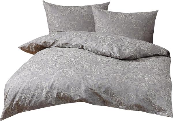 Bettwaesche-mit-Stil Mako-Satin Damast Paisley Bettwäsche "Davos" grün - grau Garnitur 240x220 + 2x 80x80