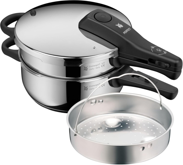 WMF Schnellkochtopf, Cromargan Edelstahl rostfrei 18/10 (2-tlg), 3-in-1 Kochtopf, Kochanzeige, 7-stufiges Sicherheitssystem