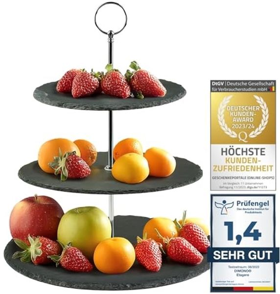 Dimono Etagere Deluxe Servier-Ständer, Schiefer Naturstein, (3-Etagen Servierschalen, Obst- & Gemüseschale), Servierschalen für Desserts, Obst, Gemüse, Süßes uvm.