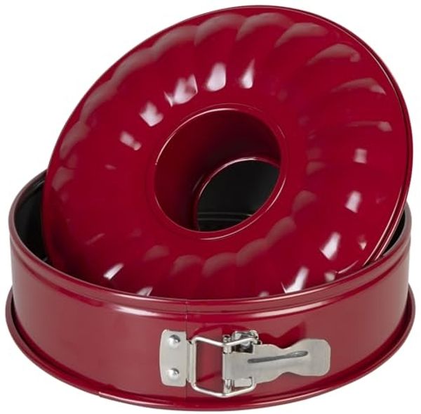wenco Springform 26 cm, Kuchenform mit Flach- und Rohrboden, 2 Böden, runde Backform, auslaufsicher, antihaftbeschichtet, rot