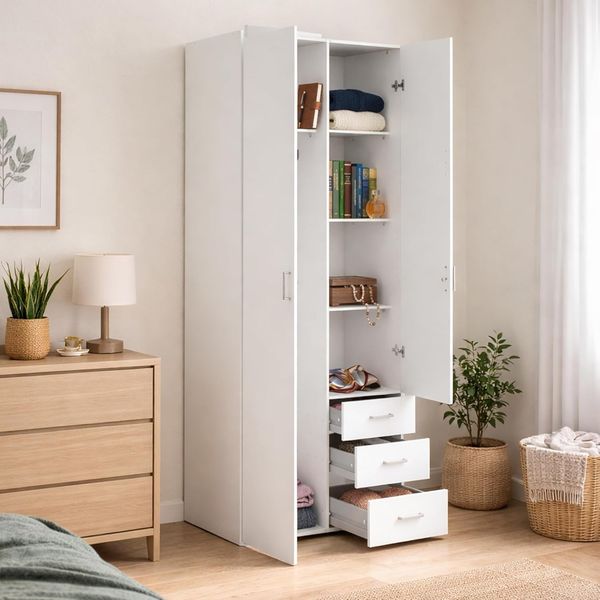 Dmora - Kleiderschrank 2 Türen Emilie, Schlafzimmermöbel, Schrank, Garderobe, 77x50 h200 cm, Weiß