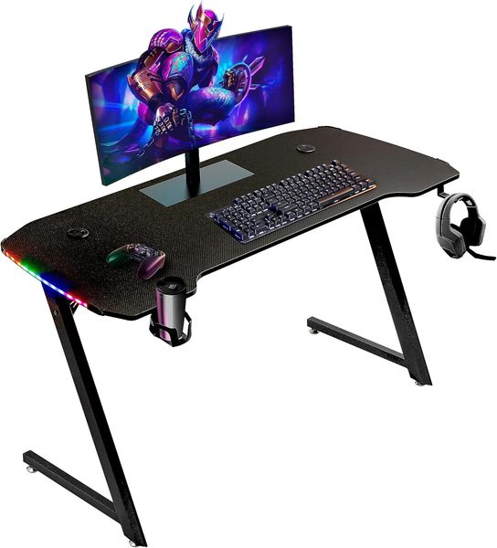 Baroni Home Ergonomischer Gaming-Schreibtisch mit Ständer und Haken für Kopfhörer und Becherhalter, Spieltisch aus MDF und Stahl, mit bunten LED-Lichtern, 140x60 cm